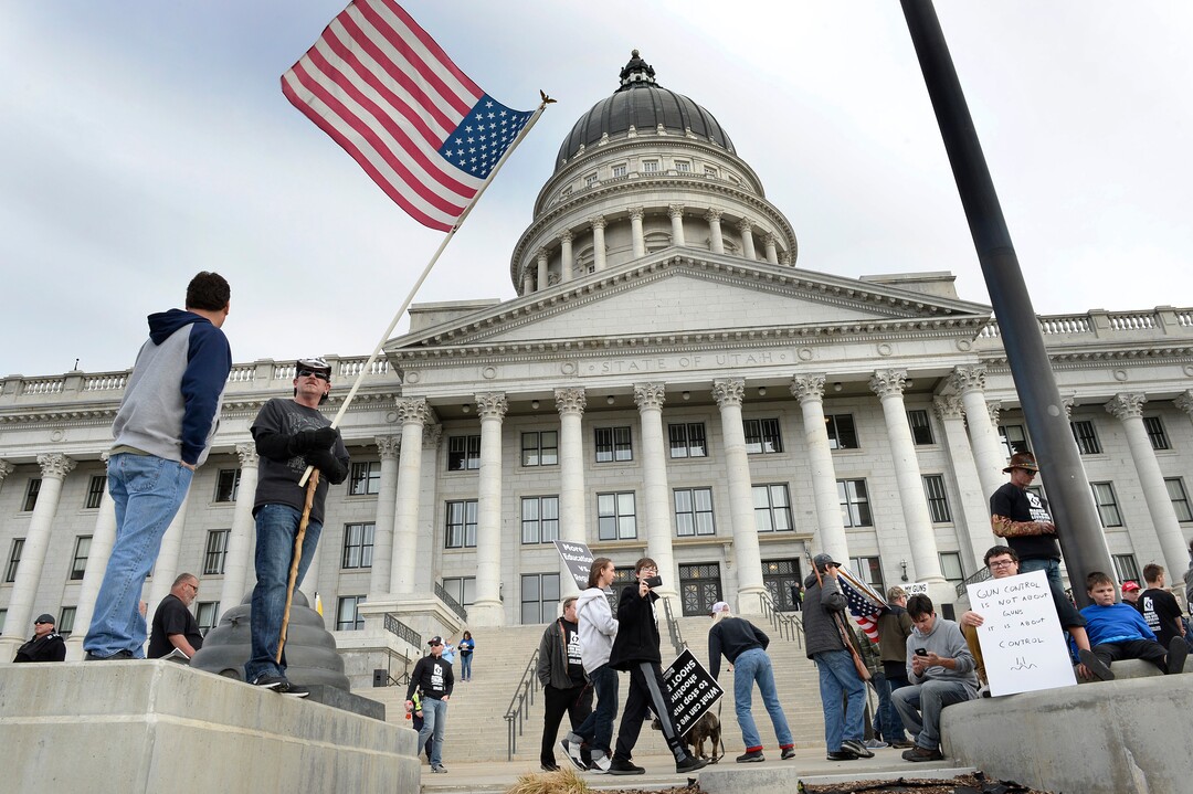 (Scott Sommerdorf | The Salt Lake Tribune) The pro gun "March Before Our lives" rallied at the Utah State Capitol after their march from West High School, Saturday, March 24, 2018.