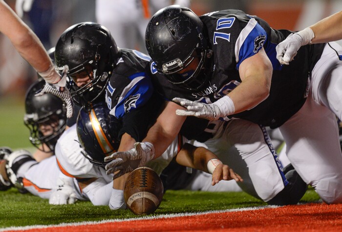 (Francisco Kjolseth  |  The Salt Lake Tribune)  Dallon Brooks of Stansbury recovers a Mountain Crest fumble in the end zone in their class 4A semifinal game at Rice-Eccles Stadium, Thursday, Nov. 9, 2017.
