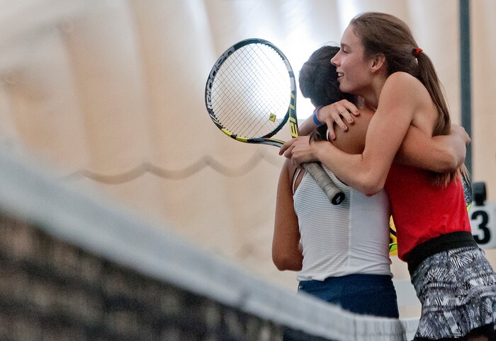 Michael Mangum  |  Special to the TribunePark City High School's Livi Rockwood hugs Ridgeline High School's Naya Tillitt to congratulate her after Tillit won the 4A girls 1st singles state championship during the Utah high school state tennis finals at the Salt Lake Tennis & Health Club in Salt Lake City on Saturday, September 30, 2017.