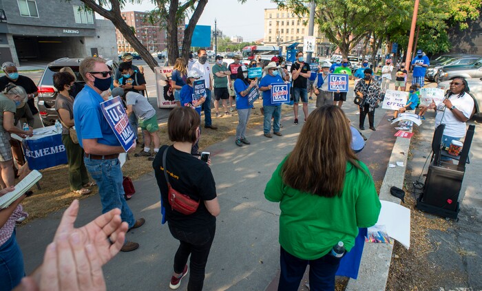 (Rick Egan  |  The Salt Lake Tribune)    Darlene McDonald, speaks to protesters during a rally to "Save the Post Office," hosted by Alliance for a Better Utah, NAACP Salt Lake Branch, League of Women Voters at the Post Office on 200 South in Salt Lake City, Saturday, Aug. 22, 2020.


