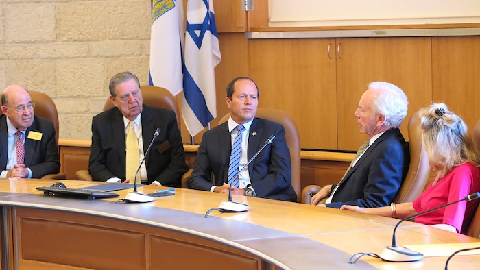 (The Church of Jesus Christ of Latter-day Saints) Members of a Jewish and Latter-day Saint U.S. delegation visit with Jerusalem Mayor Nir Barkat, center, in 2016. Seated to his left is Elder Jeffrey R. Holland and to the right is former U.S. Sen. Joseph Lieberman, D-Conn.