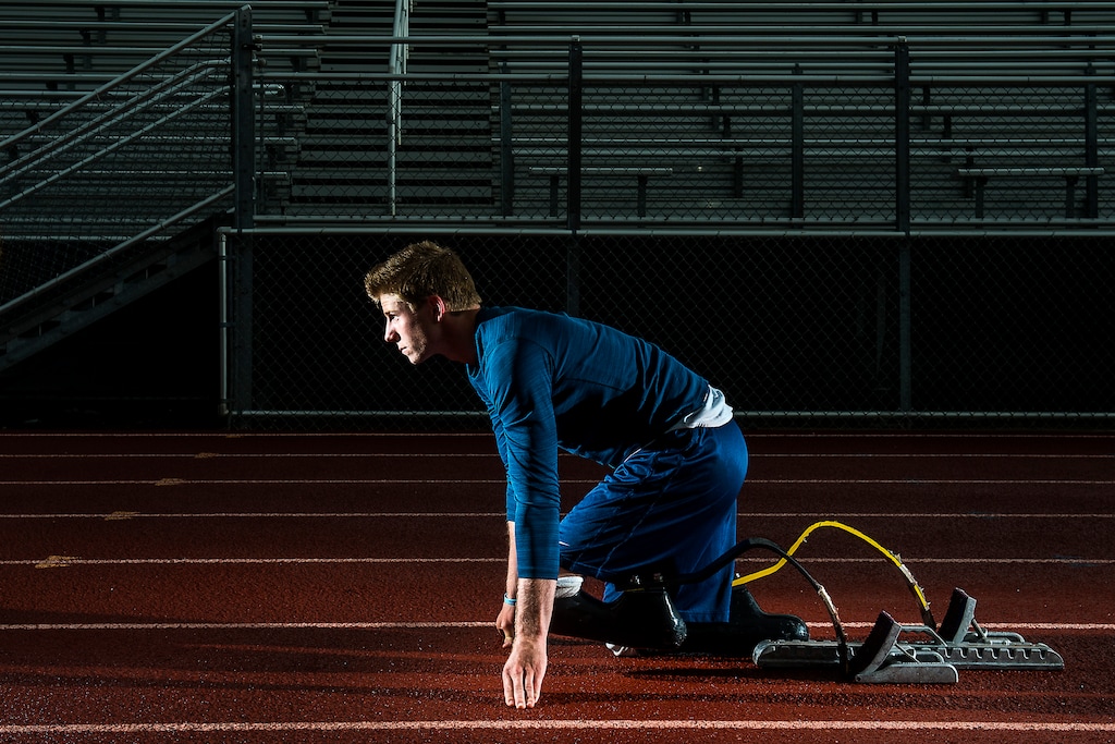 Chris Detrick | The Salt Lake Tribune
Senior Hunter Woodhall poses for a portrait during a practice at Syracuse High School Wednesday, May 17, 2017. Woodhall, now a junior who competes for the University of Arkansas and has qualified for the 2020 U.S. Paralympic track trials, appeared on the Ellen DeGeneres Show on Monday, Jan. 27, 2020.