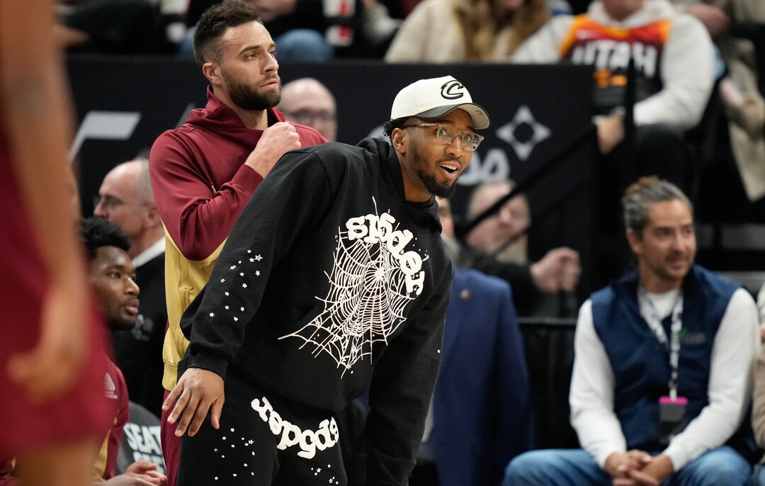 (Francisco Kjolseth  |  The Salt Lake Tribune) Cleveland Cavaliers guard Donovan Mitchell (45) supports the team from the bench as the Utah Jazz host the Cleveland Cavaliers at the Delta Center in Salt Lake City on Tuesday, April 2, 2024.