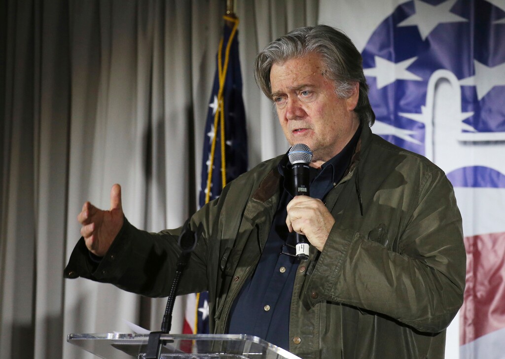 In this Nov. 9, 2017, photo, Steve Bannon, the former chief strategist to President Donald Trump, speaks during an event in Manchester, N.H. Bannon is calling on American Jews to join his war on the Republican establishment. He appealed to the Zionist Organization of America on Sunday night, Nov. 12, to "work as partners" in his crusade against GOP leaders he blames for blocking Trump's agenda. Bannon made the appeal during a speech at the organization's award dinner in New York City. (AP Photo/Mary Schwalm)