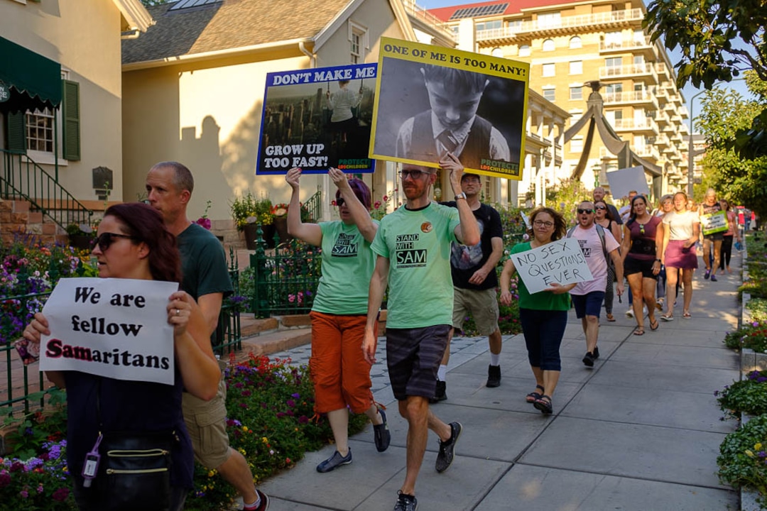 (Trent Nelson | The Salt Lake Tribune)  People gathered in front of the LDS Church Administration Building Salt Lake City, Sunday Sept. 9, 2018 in support of Sam Young. Young was in a disciplinary hearing tonight after he made calls for changes to the church's youth interview process.
