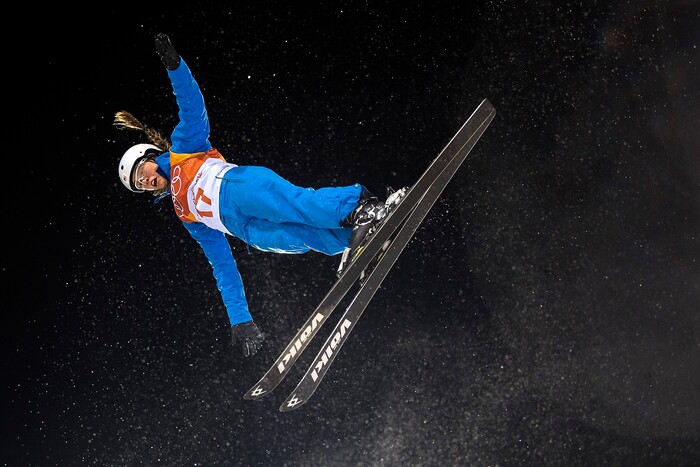 (Chris Detrick  |  The Salt Lake Tribune)  USA Madison Olsen competes during the Ladies' Aerials Qualification at Phoenix Park during the Pyeongchang 2018 Winter Olympics Thursday, Feb. 15, 2018. Olsen's highest score was 87.88, advancing to the finals. 