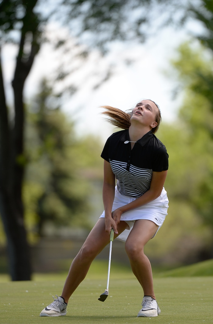 (Francisco Kjolseth  |  The Salt Lake Tribune)  Caylyn Ponich of Davis agonizes over a near miss on the last hole on day two of the Class 6A girls' golf state tournament at Meadow Brook Golf Course in Taylorsville on Tuesday, May 15, 2018.