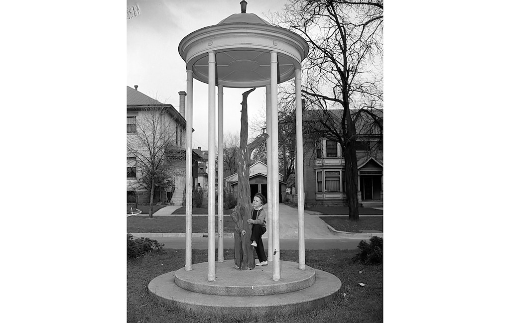(The Salt Lake Tribune) A child plays at the stump of the Lone Cedar Tree in Salt Lake City in 1943.