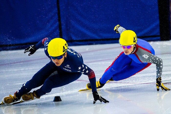 (Chris Detrick  |  The Salt Lake Tribune) John-Henry Krueger (418) and Aaron Tran (432) compete in the US Short Track Fall World Cup Qualifier at the Utah Olympic Oval Saturday, August 19, 2017. 