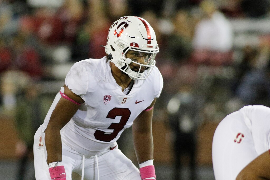 Stanford linebacker Levani Damuni lines up for a play during the second half of an NCAA college football game against Washington State, Saturday, Oct. 16, 2021, in Pullman, Wash.(AP Photo/Young Kwak)