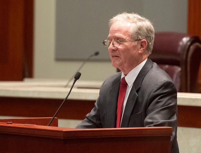 (Rick Egan | The Salt Lake Tribune) George H. Durham, says a few words at Justice Christine M. Durham's retirement her reception at the Matheson Courthouse,
Monday, November 13, 2017.