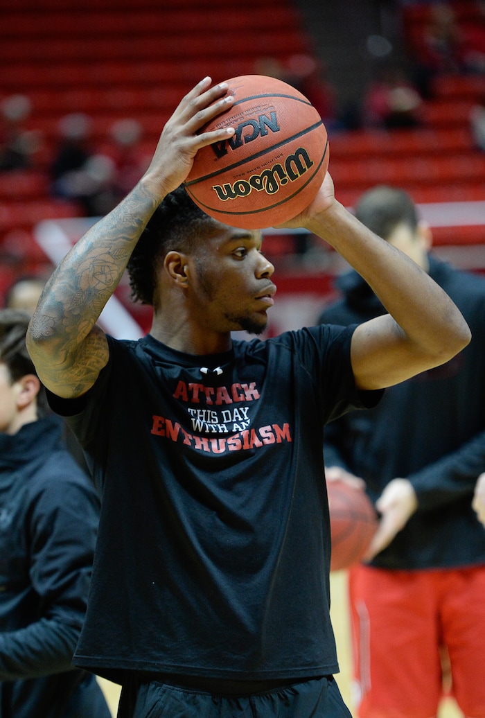 (Francisco Kjolseth  |  The Salt Lake Tribune)  Utes redshirt freshman Devante Doutrive practices with the rest of the team during their game against UCLA at the Huntsman Center on Thursday, Feb. 22, 2018. Doutrive, who is sitting out this season, is expected to have the biggest impact of any addition to next year's team. He has been allowed to practice this season but sits out of the games.
