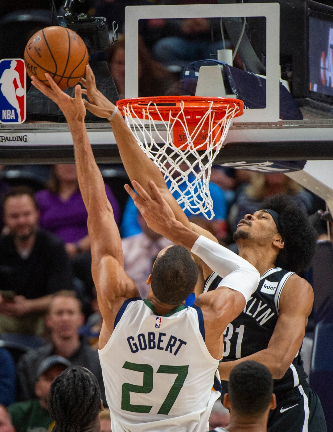 (Rick Egan  |  The Salt Lake Tribune)        Brooklyn Nets center Jarrett Allen (31) gets his hand on a shot by Utah Jazz center Rudy Gobert (27), in NBA basketball action between the Utah Jazz and the Brooklyn Nets in Salt Lake City, Tuesday, Nov 12, 2019.