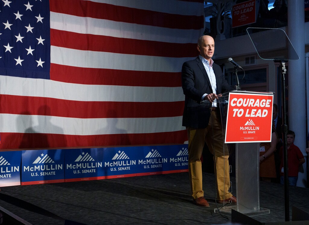 (Leah Hogsten | The Salt Lake Tribune) Evan McMullin, the Independent party candidate for the 2022 U.S. Senate election hoping to unseat incumbent Mike Lee addresses a crowd of about 200 people in Salt Lake City, Sept. 7, 2022. 