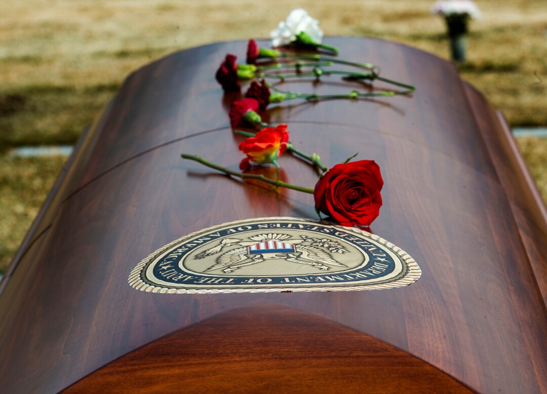 (Rick Egan  |  The Salt Lake Tribune)     The casket of 2nd Lt. Lynn W. Hadfield, who was killed during the Second World War, at Veterans Memorial Park, in Bluffdale. Thursday, March 21, 2019.