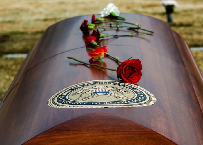 (Rick Egan  |  The Salt Lake Tribune)     The casket of 2nd Lt. Lynn W. Hadfield, who was killed during the Second World War, at Veterans Memorial Park, in Bluffdale. Thursday, March 21, 2019.


