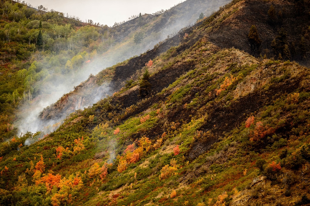 (Trent Nelson  |  The Salt Lake Tribune) Smoke rises from the Ether Hollow Fire in Hobble Creek Canyon after rainfall on Tuesday, Sept. 8, 2020.