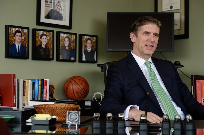 (Francisco Kjolseth | The Salt Lake Tribune) Utah Valley University President Matthew S. Holland meets with the press on Monday, Nov. 6, 2017, to announce his calling as an LDS mission president. Holland's last day as UVU president will be in early June 2018.