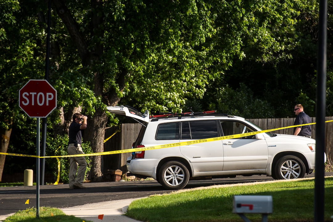 Chris Detrick  |  The Salt Lake TribunePolice officers investigate the scene of a shooting Tuesday, June 6, 2017. The shooting occurred at about 3:45 p.m. outside of a residence at about 2175 East and Alta Canyon Drive (about 8630 South), said Sandy police Sgt. Jason Nielsen. Nielsen said the shooter was among the dead and, therefore, there is no threat to the public.