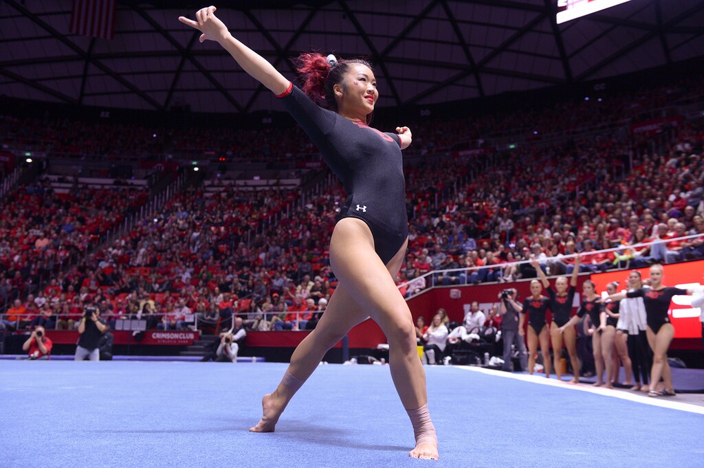 (Leah Hogsten  |  The Salt Lake Tribune) Kari Lee performs her floor routine as Utah hosts Arizona State in Women's Gymnastics at Jon M. Huntsman Center, Friday, February 9, 2018. 