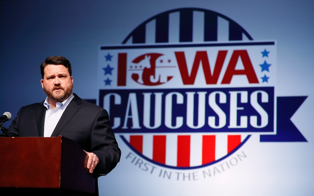 (Charlie Neibergall | AP) Iowa Democratic Party chairman Troy Price speaks about the delay in Iowa caucus results Tuesday, Feb. 4, 2020, in Des Moines, Iowa.