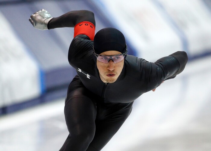 Kimani Griffin competes in the men's 500 meters during the U.S. Olympic long track speedskating trials, Friday, Jan. 5, 2018, in Milwaukee. (AP Photo/John Locher)