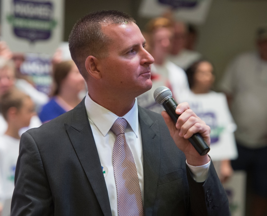 (Rick Egan  |  The Salt Lake Tribune)  Candidate Levi Hughes gives a speech Saturday, Aug. 12, 2017, before the vote for Salt Lake County sheriff.