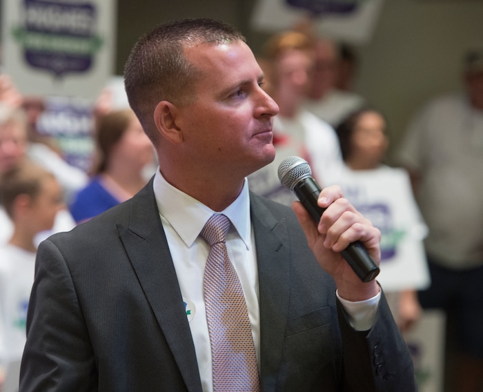 (Rick Egan  |  The Salt Lake Tribune)  Candidate Levi Hughes gives a speech Saturday, Aug. 12, 2017, before the vote for Salt Lake County sheriff.