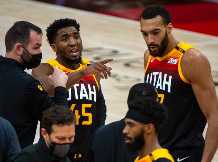 (Rick Egan | The Salt Lake Tribune) Utah Jazz guard Donovan Mitchell (45) gives directions to his team mates during a time out, in NBA action between the Utah Jazz and the Atlanta Hawks at Vivint Arena, on Friday, Jan. 15, 2021.