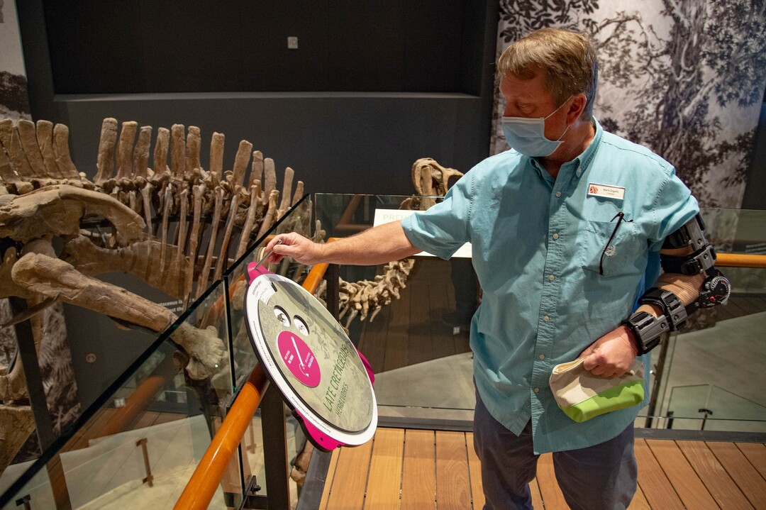 (Francisco Kjolseth  |  The Salt Lake Tribune) Mark Ingalls, IT Manager for the Natural History Museum of Utah, uses a stylus to interact with the updated displays at the museum. The price of admission will provide visitors with a stylus as museum staff talks about updates that have been made to hopefully reopen the museum in mid-August.