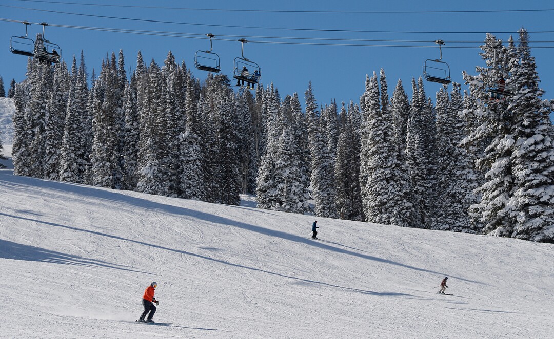 (Francisco Kjolseth  |  The Salt Lake Tribune)  People enjoy a blue bird day at Solitude Mountain Resort following a series of storms that have piled on the inches of snow in the high country on Thursday, Feb. 7, 2019.