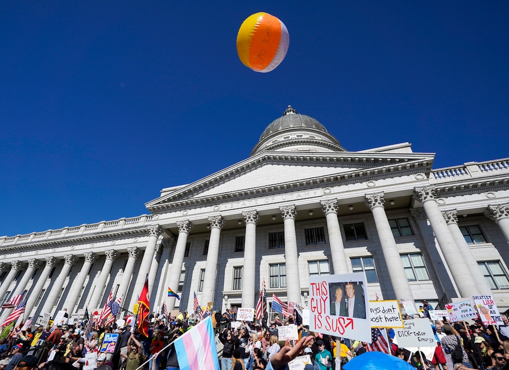 (Chris Samuels | The Salt Lake Tribune) People attend a “No Kings” rally at the Capitol in Salt Lake City, Saturday, Oct. 18, 2025.