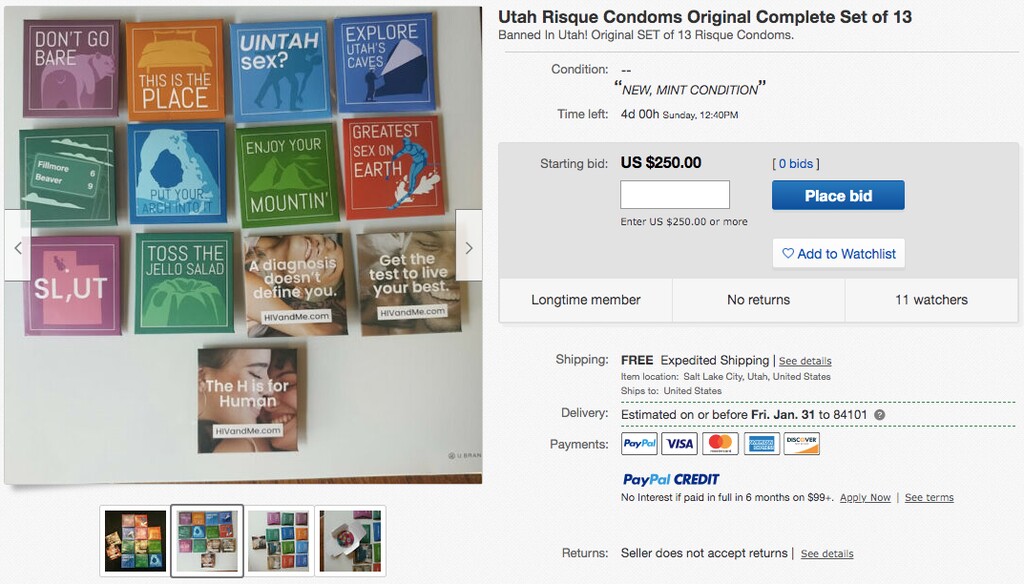 A set of recalled Utah-themed condoms appeared on eBay, with a starting bid of $250.