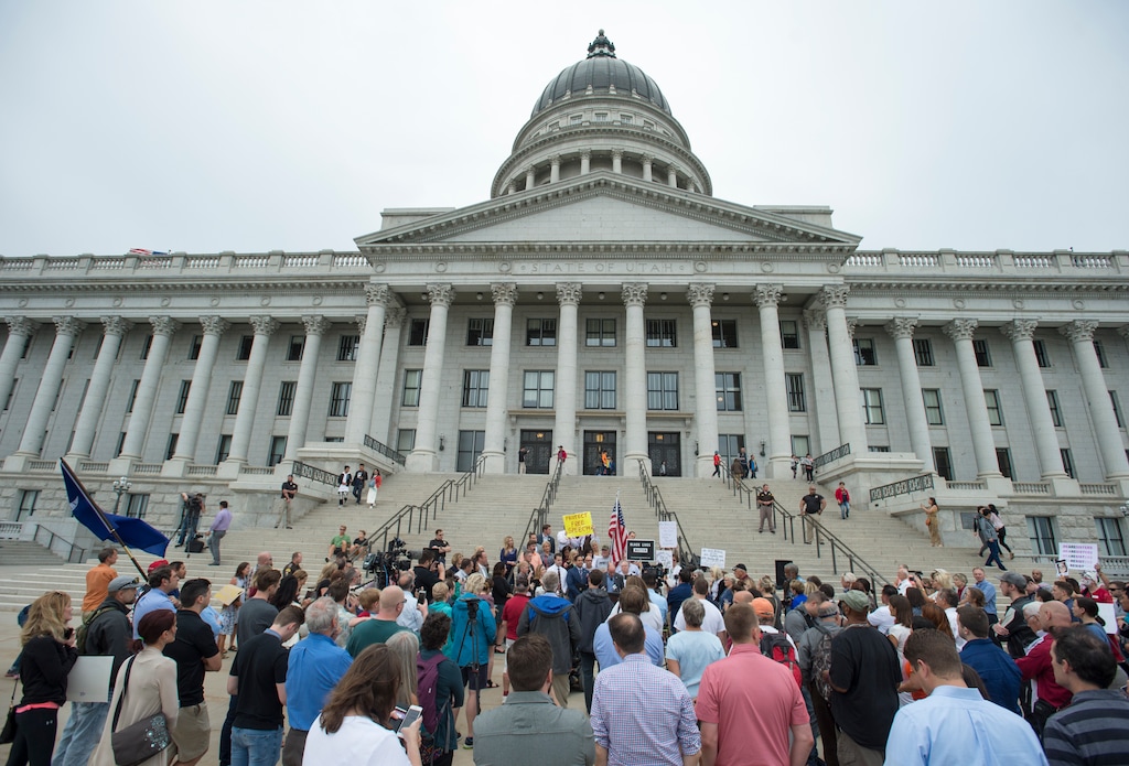 (Rick Egan  |  The Salt Lake Tribune) Mia  Lt. Governor Spencer Cox speaks at the "One Utah" Rally for Unity at the State Capitol, Monday, August 14, 2017.