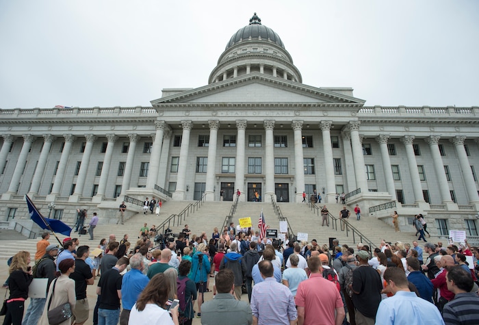 (Rick Egan  |  The Salt Lake Tribune) Mia  Lt. Governor Spencer Cox speaks at the "One Utah" Rally for Unity at the State Capitol, Monday, August 14, 2017.


