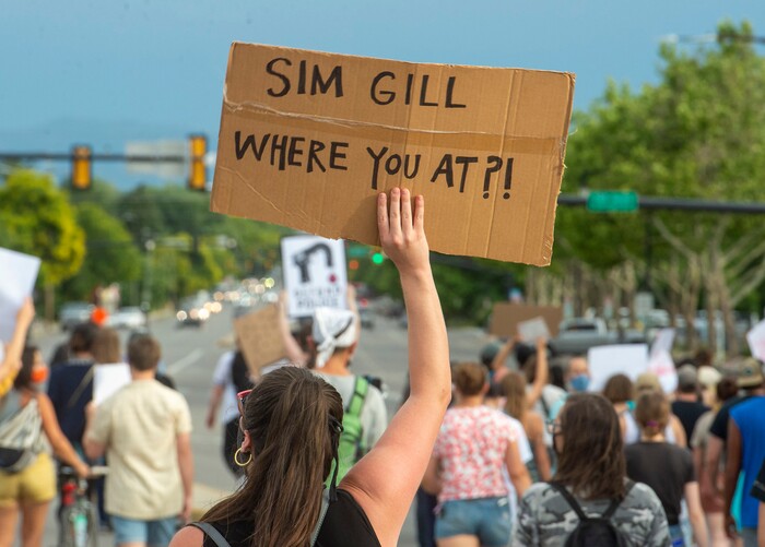(Rick Egan  |  The Salt Lake Tribune)     Protesters march down 700 East in Salt Lake City, during a Justice for Bernardo rally on Thursday, June 25, 2020.