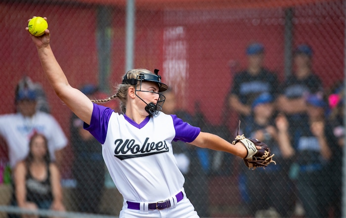 (Isaac Hale | Special to The Tribune) Riverton pitcher Kaysen Korth (18) delivers a pitch during the second game of a best-of-three series between the Bingham Miners and the Riverton Silverwolves as part of the 6A state softball championship held at the Spanish Fork Sports Park on Friday, May 28, 2021.