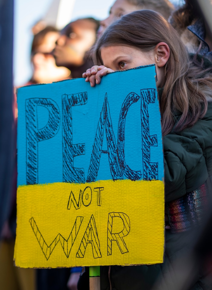 (Rick Egan | The Salt Lake Tribune) Hundreds of protesters gather at the Utah Capitol for a rally in support of Ukraine, on Monday, Feb. 28, 2022.