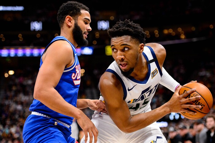 (Trent Nelson  |  The Salt Lake Tribune) Utah Jazz guard Donovan Mitchell (45) defended by Sacramento Kings guard Cory Joseph (9) as the Utah Jazz host the Sacramento Kings, NBA basketball in Salt Lake City on Saturday, Jan. 18, 2020.