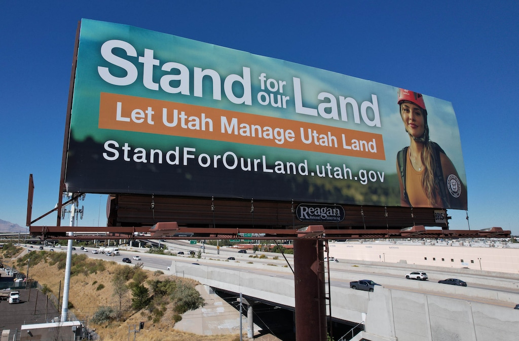 (Francisco Kjolseth  | The Salt Lake Tribune) A billboard along Interstate 80 for the state's "Stand for our Land" campaign against the Bureau of Land Management to regain control of public lands in Utah, is pictured on Tuesday, Sept. 24, 2024.