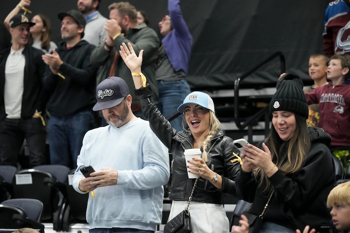 (Bethany Baker | The Salt Lake Tribune) Fans cheer after a goal during the game between the Utah Hockey Club and the Colorado Avalanche at the Delta Center in Salt Lake City on Thursday, Oct. 24, 2024.
