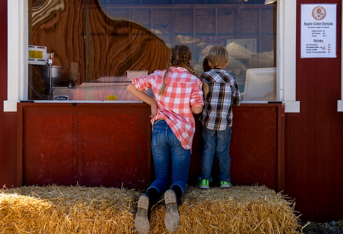 Leah Hogsten | The Salt Lake Tribune l-r June Holley, 11, and her brother Lewis, 4, watch as apple cider donuts cook in the fryer during the 2018 Fall Festival at Cross E Ranch in Salt Lake City, Thursday Oct. 18, 2018.