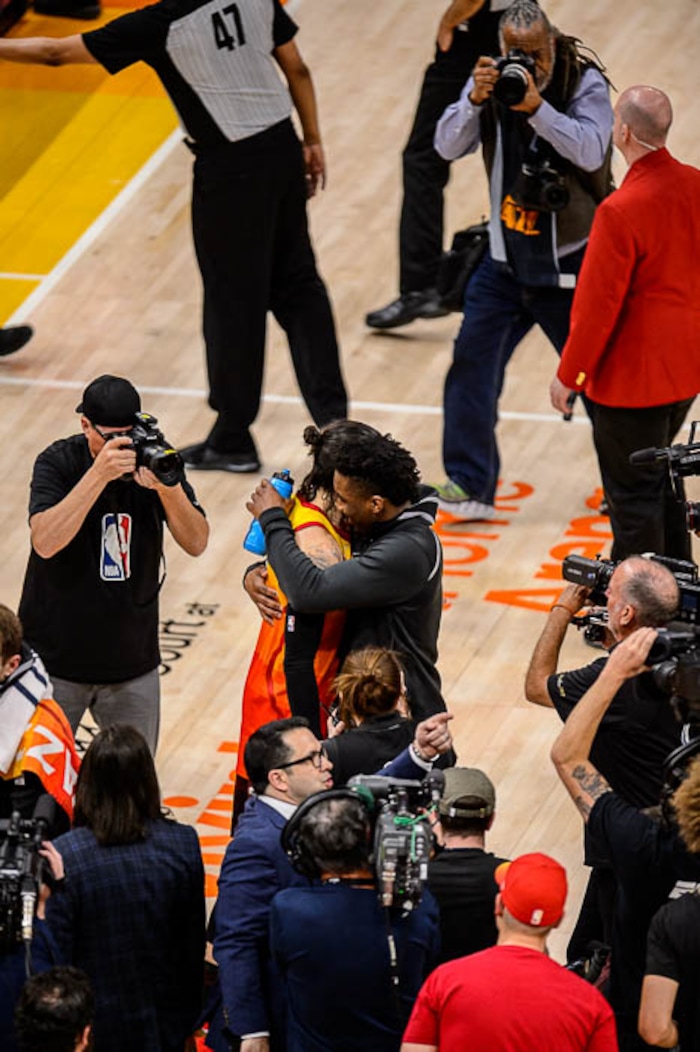 (Trent Nelson | The Salt Lake Tribune)  
Utah Jazz host the Oklahoma City Thunder, Game 3, NBA playoff basketball in Salt Lake City, Saturday April 21, 2018. Utah Jazz guard Ricky Rubio (3) and Utah Jazz guard Donovan Mitchell (45) embrace.