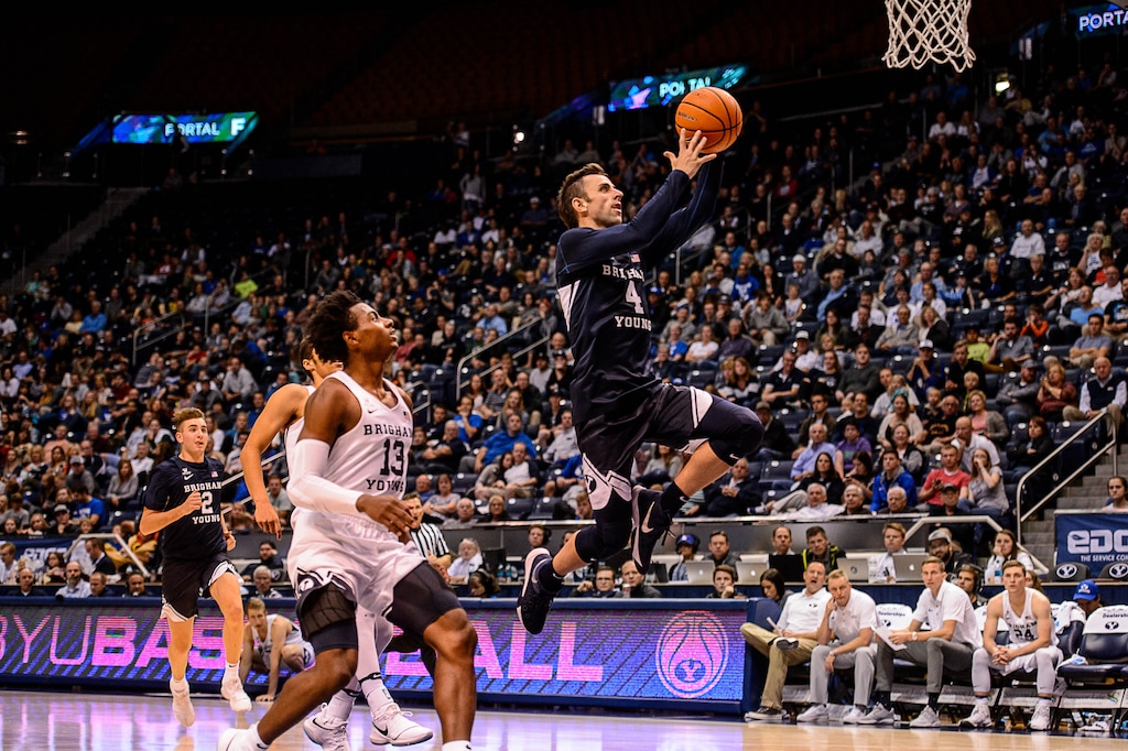 (Trent Nelson | The Salt Lake Tribune)  Brigham Young Cougars guard Nick Emery (4) scores as the BYU men's basketball team plays a scrimmage game known as the Cougar Tipoff, in Provo, Wednesday October 25, 2017.