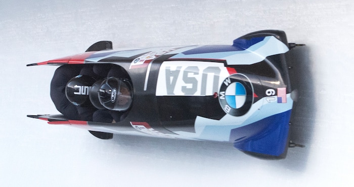 (Rick Egan  |  The Salt Lake Tribune)   Justin Olsen, Evan Weinstock, Steven Langton, and Christopher Fogt,  take their first run in the BMW IBSF World Cup 4-Man Bobsleigh competition, Saturday, November 18, 2017.