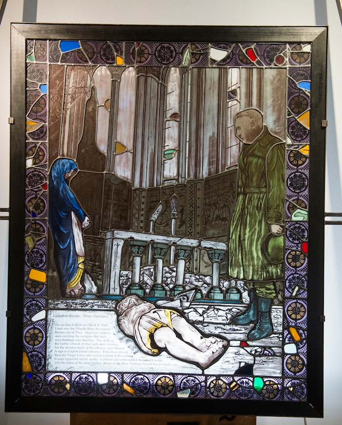 (Rick Egan  |  The Salt Lake Tribune)      Trier, Germany, Liebefrau, Kirche (Church of our Lady), is part of the the McDonald Windows, stained glass exhibit, "Remembered Light," which features fragments from World War II windows. The exhibit brought to Utah by the Salt Lake Interfaith Roundtable & the Peace Committee of the Utah District of Rotary International. The exhibit runs through Nov 17, at 175 South Main, in Salt Lake City. Monday, Oct. 29, 2018.



