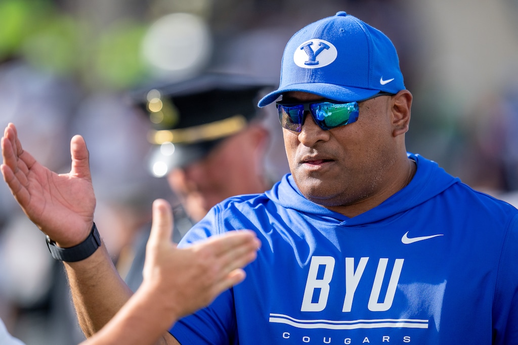 (Trent Nelson  |  The Salt Lake Tribune) BYU Cougars head coach Kalani Sitake celebrates the win as BYU hosts Arizona, NCAA football in Provo on Saturday, Sept. 12, 2026.