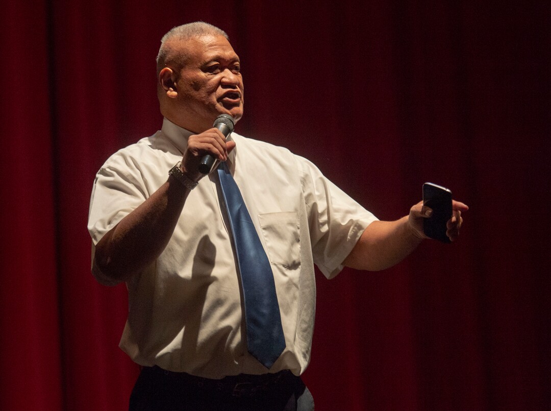 (Rick Egan  |  The Salt Lake Tribune)     Stone Fonua speaks to the Salt Lake County Democratic Party's Central Committee members, as one of 10 candidates vying the at-large Country Council seats left vacant by now-Salt Lake County Mayor Jenny Wilson, at Eisenhower Jr High, Saturday, Feb. 23, 2019.