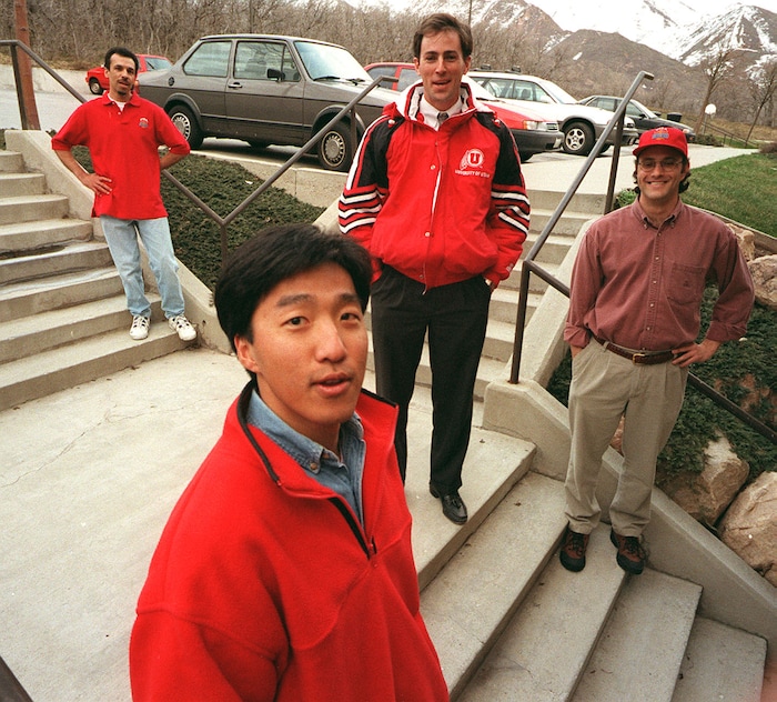 (Trent Nelson  |  Tribune file photo)  Utah fans (from left) Nick Papastamos, Alex Lee, Brooke Smith, and Joel Collett. All but Joel are headed to the 1998 Final Four in San Antonio, Texas.