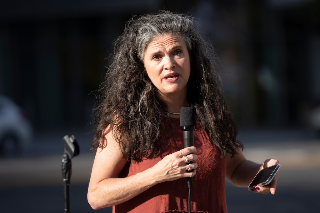 (Rick Egan | The Salt Lake Tribune) Utah Senate candidate Jen Plumb says a few words at arally to defend reproductive rights, sponsored by the Freedom Road Socialist Organization, at the Federal Building, on Wednesday, June 29, 2022. Plumb narrowly beat state Sen. Derek Kitchen in the Senate District 9 race after official voter tallies were published on Tuesday, July 12, 2022.